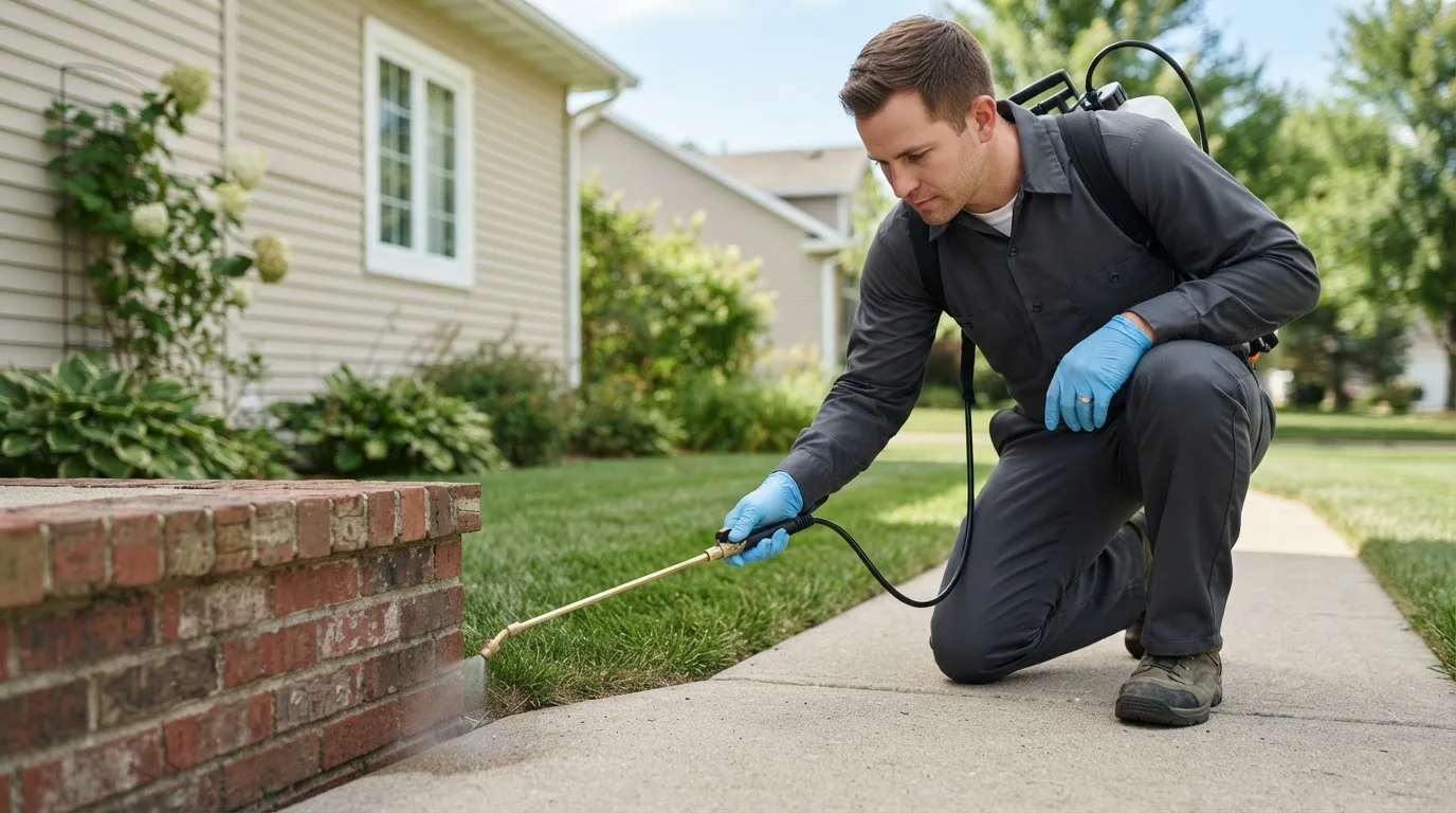 Pest control technician treating a home near Malvern, OH